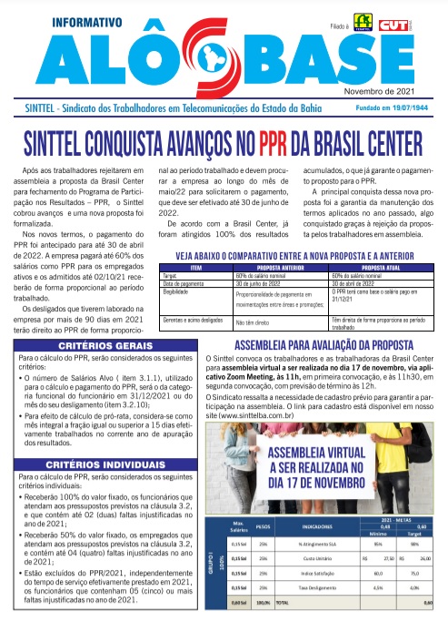 Sinttel conquista avanÃ§os no PPR da Brasil Center